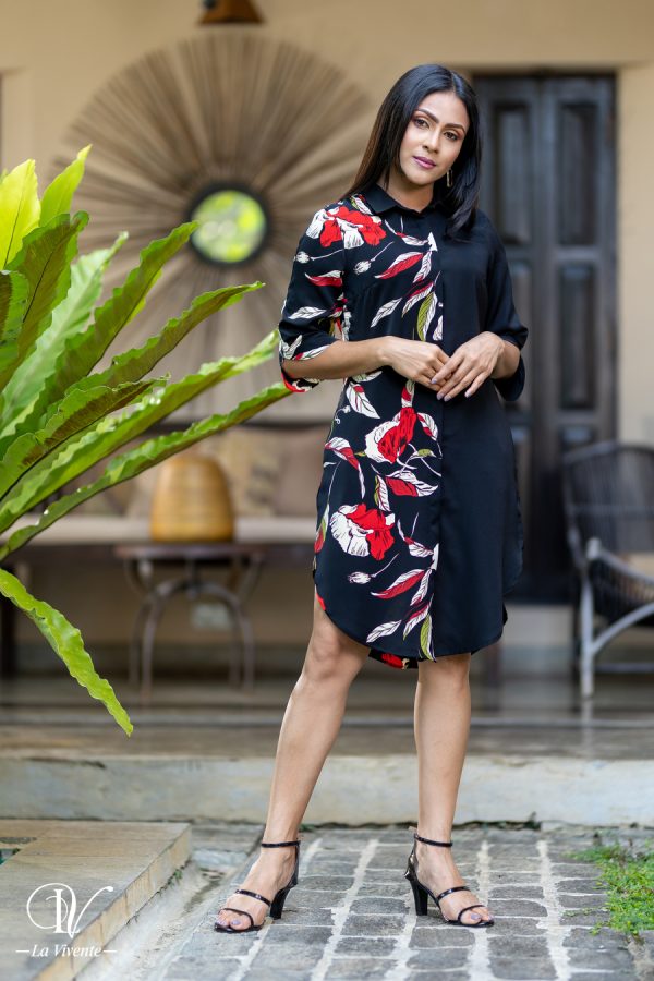 Printed Two-tone Button Up Shirt Dress - Image 3