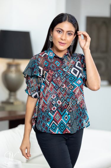 Geometric Printed Layered Sleeve Top