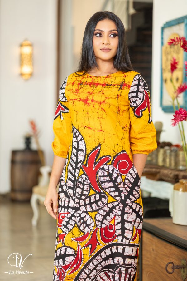 Patterned Round-Necked Batik Midi Dress