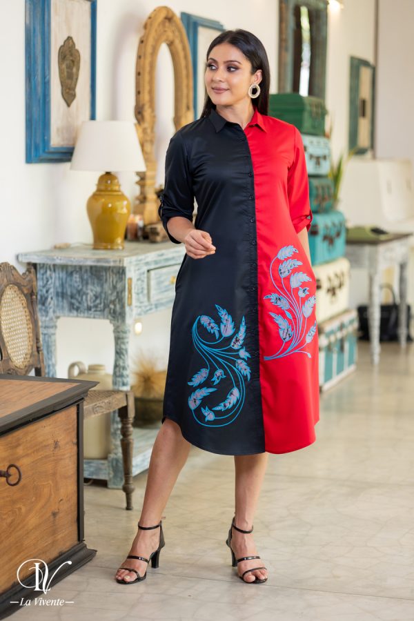 Two-Tone Batik Appliqued Shirt Dress