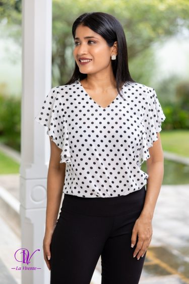 Frilled Sleeve V-neck Polka Dot Top