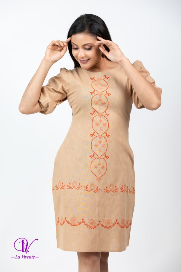 Geometric Embroidered Puff Sleeved Short Dress - Image 3