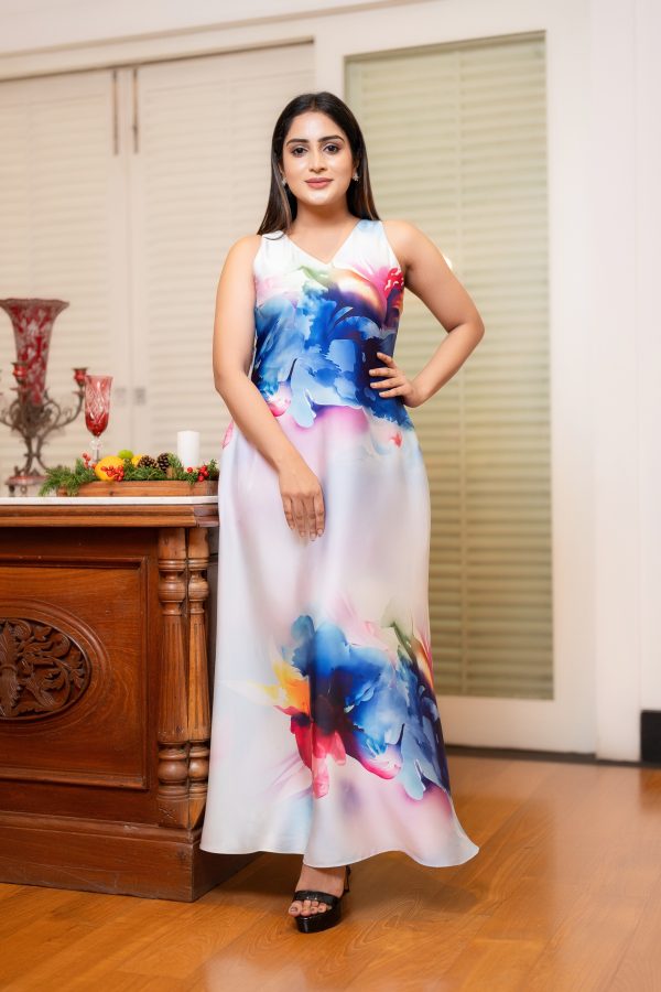Floral Patterned Sleeveless Maxi Evening Wear Dress - Image 3