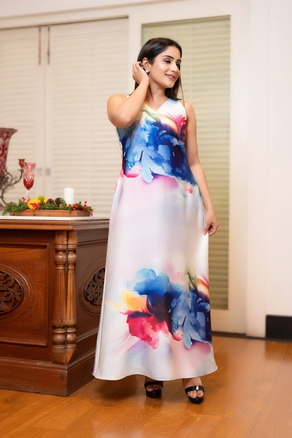 Floral Patterned Sleeveless Maxi Evening Wear Dress - Image 2