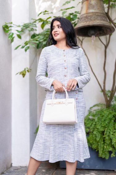 Tweed Blazer And Mermaid Skirt With Gold Button Detail