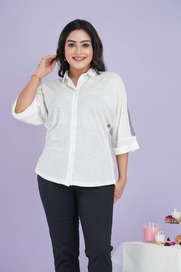 Back Yoke Lace Detailed Loosefit Button Up Shirt Blouse - Image 2