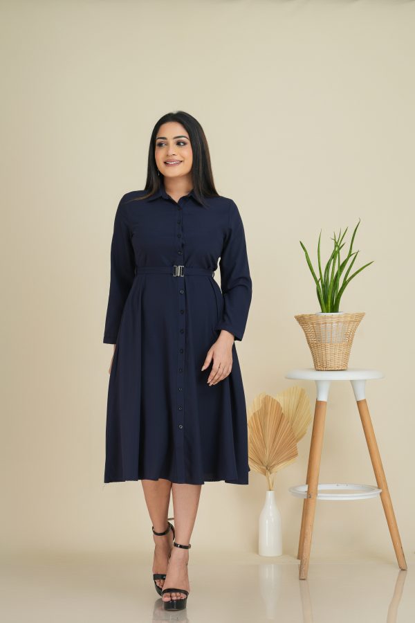 Belted Button Up Shirt Collared Midi Dress - Image 3