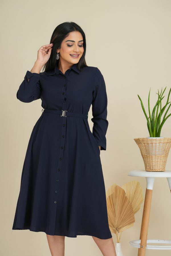 Belted Button Up Shirt Collared Midi Dress - Image 2