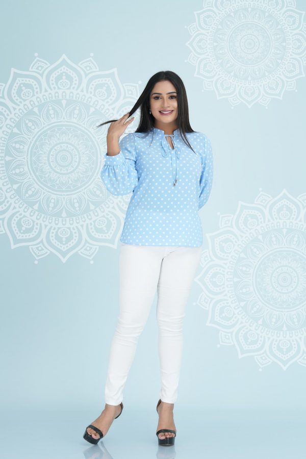 Polka Dot Collar Tie-Up Long Sleeved Top - Image 3