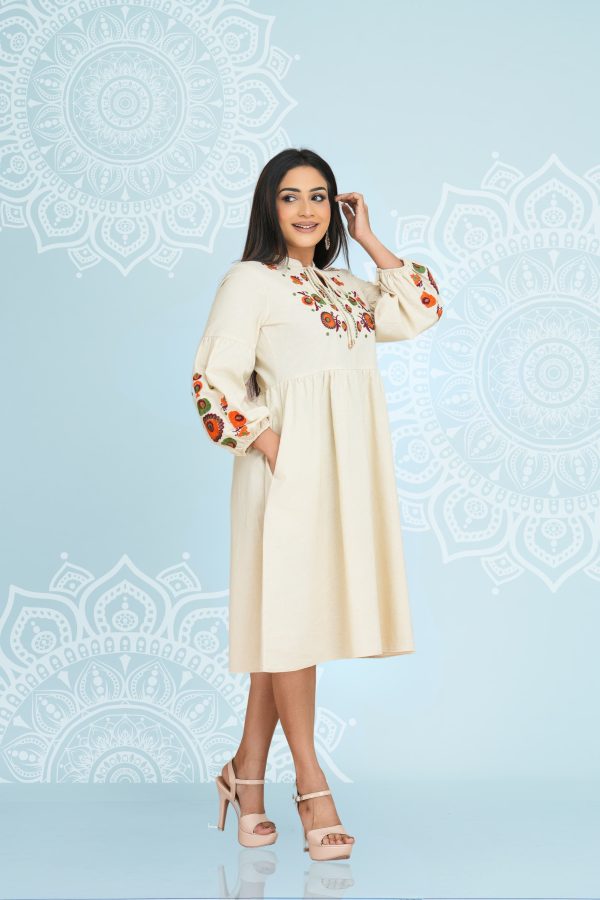 Floral Embroidered Tie-up Detailed Short Dress - Image 3