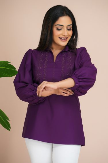 Geometric embroidered shirt collared long sleeved top