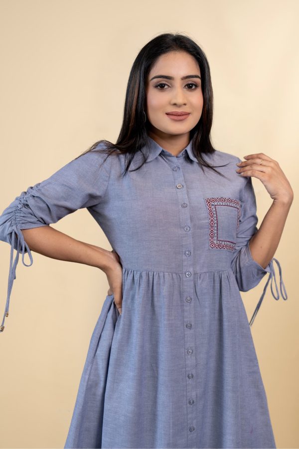 Pocket Embroidered Ruched Sleeved Short Dress - Image 5