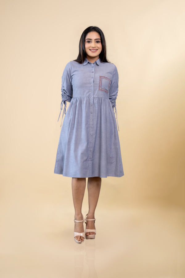 Pocket Embroidered Ruched Sleeved Short Dress - Image 3