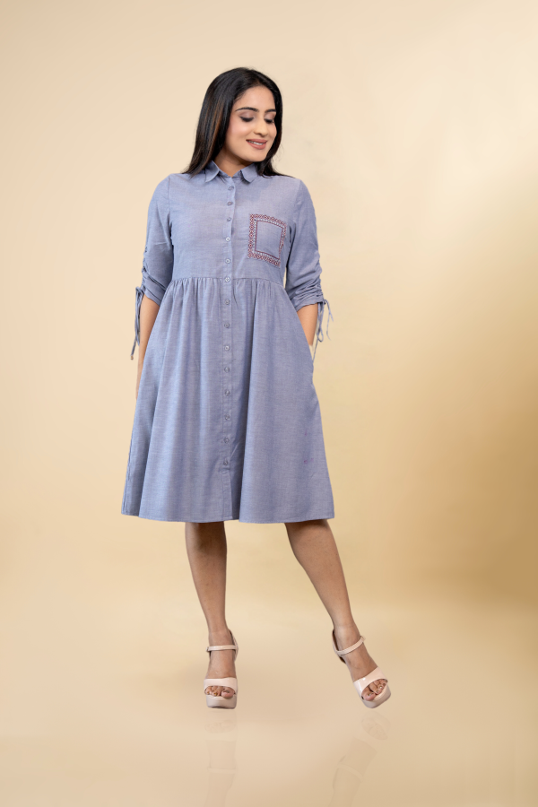 Pocket Embroidered Ruched Sleeved Short Dress - Image 2