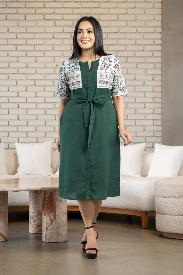 Two-tone embroidery button up short dress