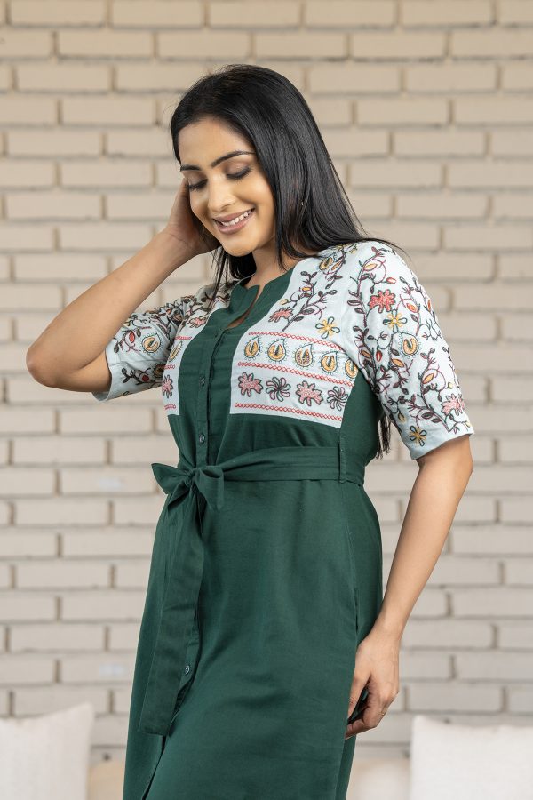 Two-tone embroidery button up short dress - Image 5
