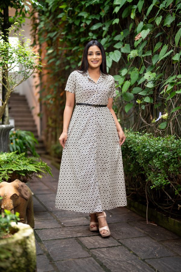 Geometric Patterned Lapel Collared Maxi Dress