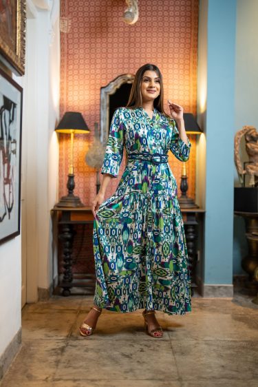 Abstract Patterned Belted Evening Wear Maxi Dress