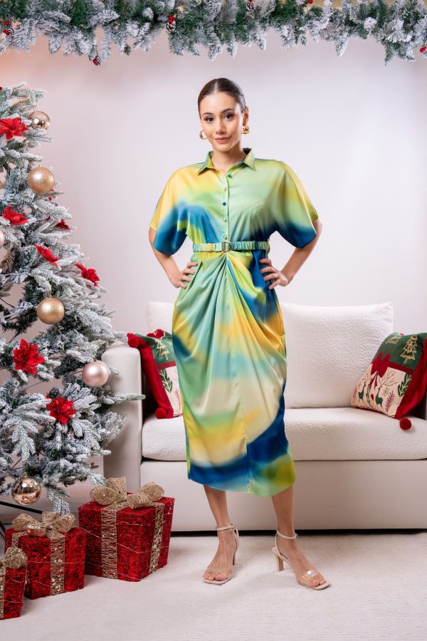 Ombre Patterned Pleated Partywear Dress - Image 3