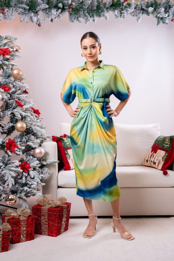 Ombre Patterned Pleated Partywear Dress - Image 3