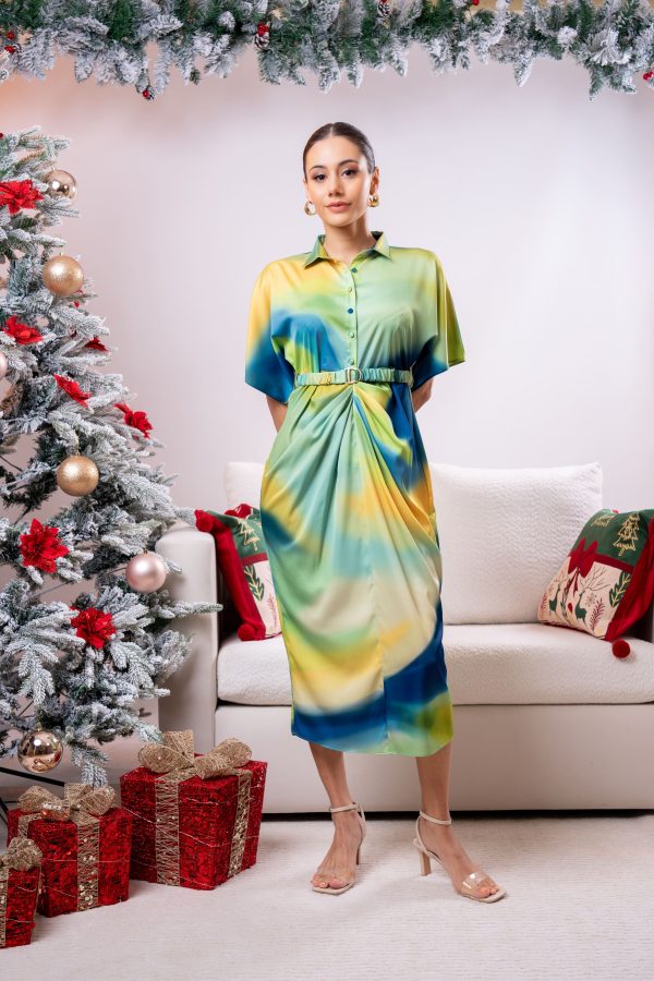 Ombre Patterned Pleated Partywear Dress - Image 2