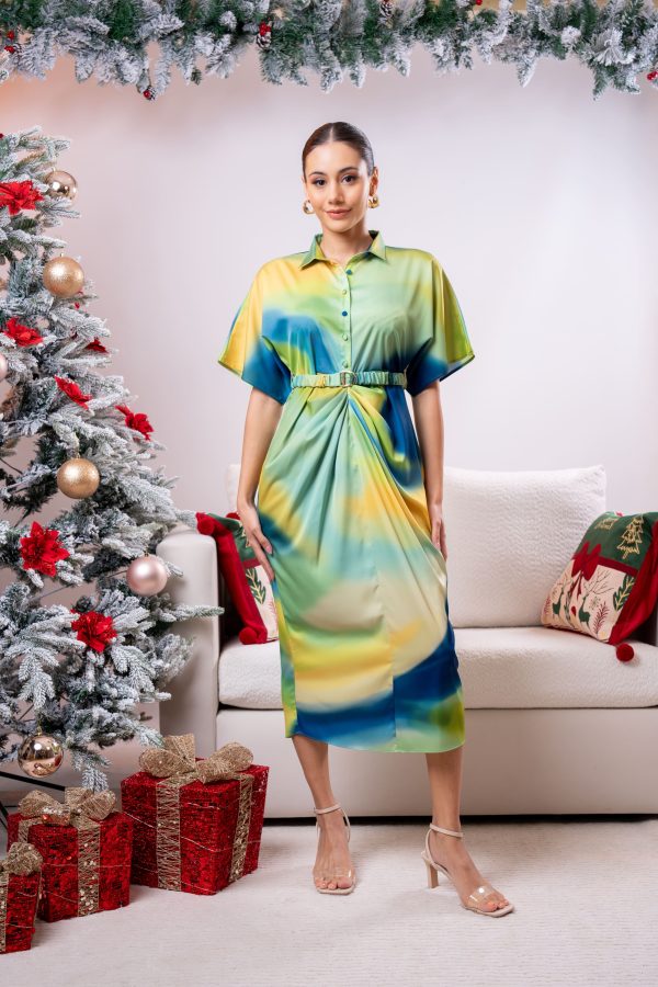 Ombre Patterned Pleated Partywear Dress