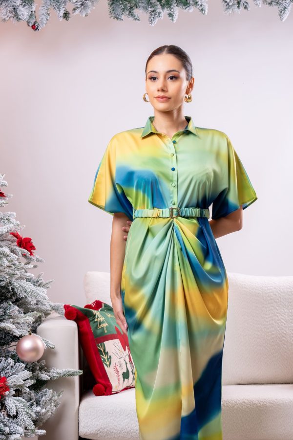 Ombre Patterned Pleated Partywear Dress - Image 4