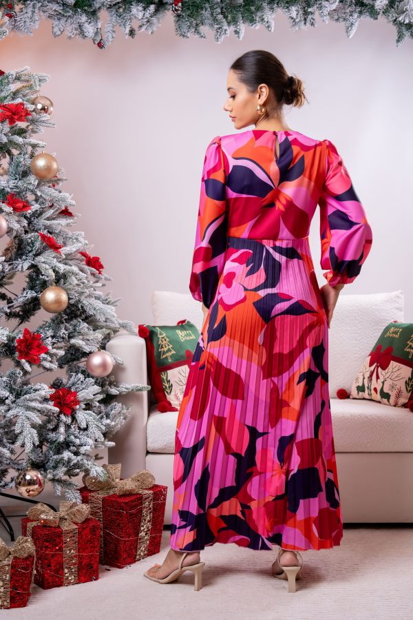 Abstract Patterned Pleated Partywear Dress - Image 5