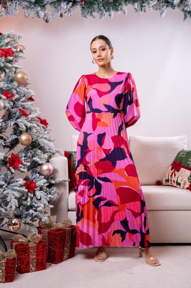 Abstract Patterned Pleated Partywear Dress