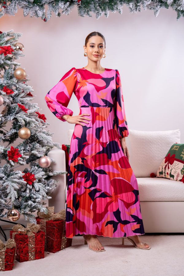 Abstract Patterned Pleated Partywear Dress - Image 3