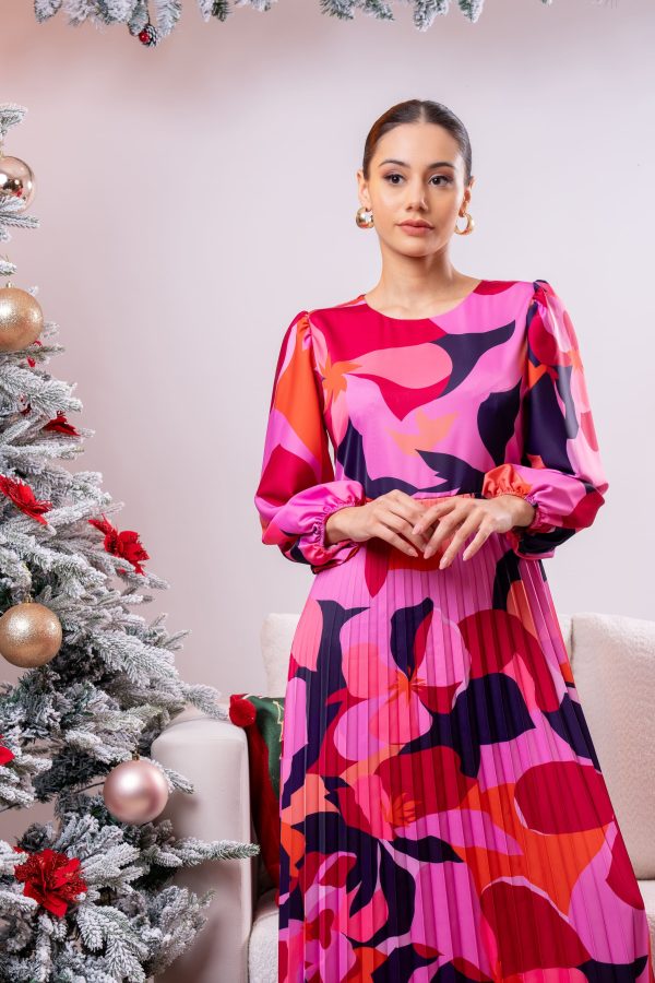 Abstract Patterned Pleated Partywear Dress - Image 4