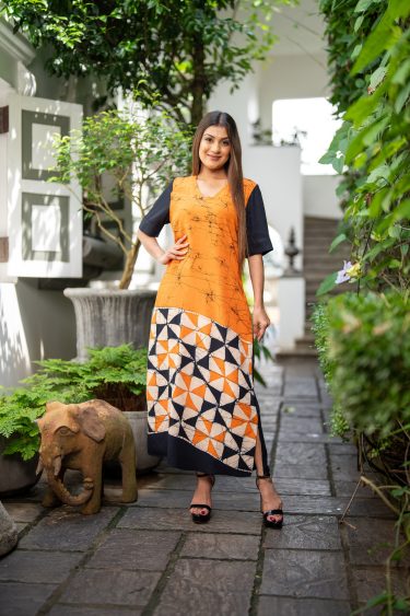 Geometric Patterned Two-Tone Batik Maxi Dress