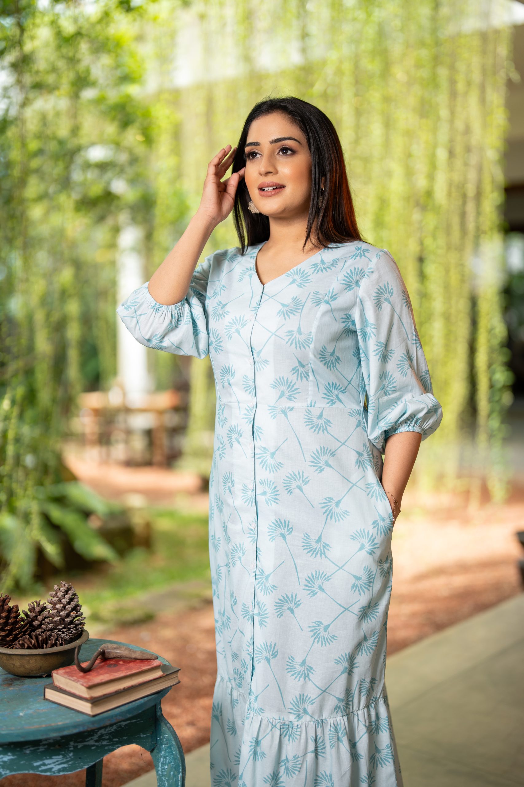 Abstract Floral Patterned Bottom Frilled Maxi Dress