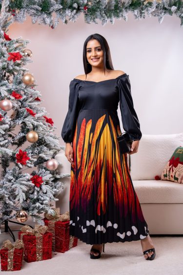 Shoulder Elasticated Pleated Party Wear Dress