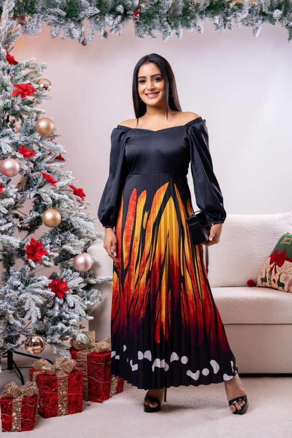 Shoulder Elasticated Pleated Party Wear Dress