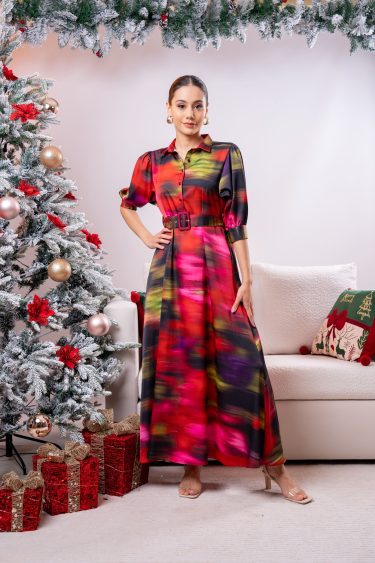 Ikat Patterned Evening Wear Maxi Dress