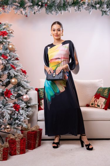 Sleeve Contrast Detailed Petal Patterned Party Wear Dress