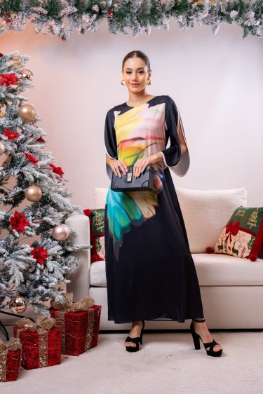 Sleeve Contrast Detailed Petal Patterned Party Wear Dress