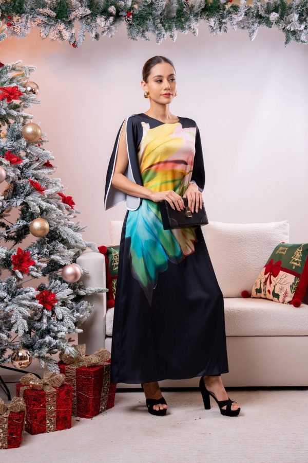 Sleeve Contrast Detailed Petal Patterned Party Wear Dress - Image 3