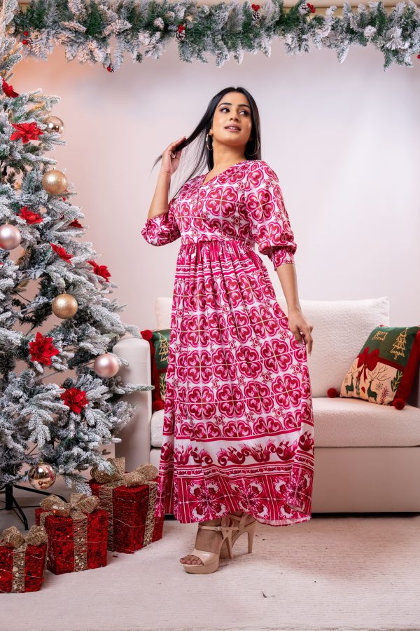 Geometric Floral Patterned Party Wear Dress - Image 3