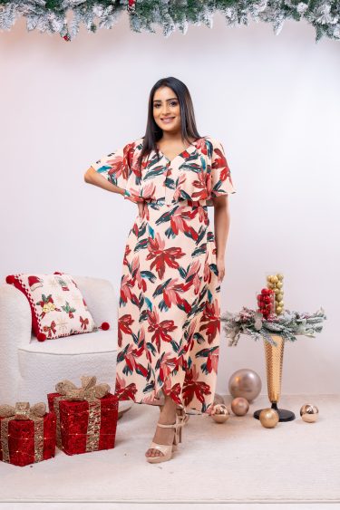 Abstract Patterned Frilled Neck Maxi Dress