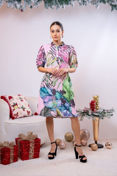 Floral Patterned Half Placket Short Dress