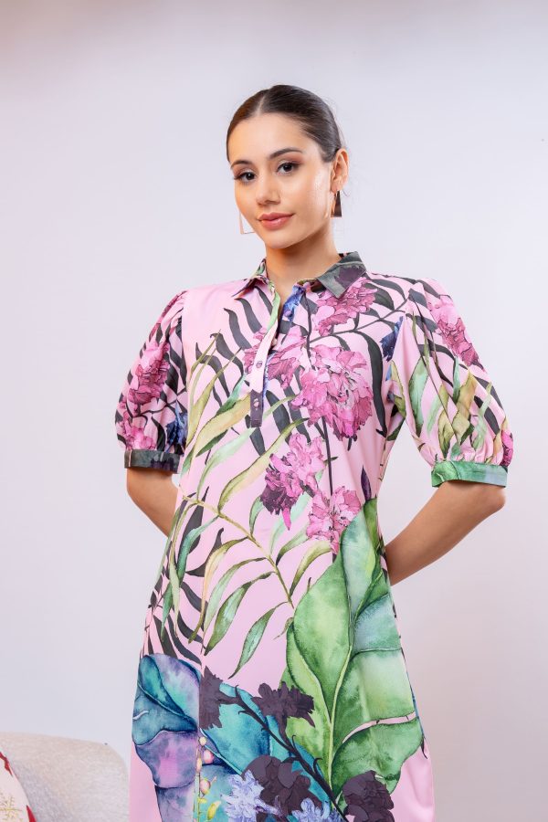 Floral Patterned Half Placket Short Dress - Image 4