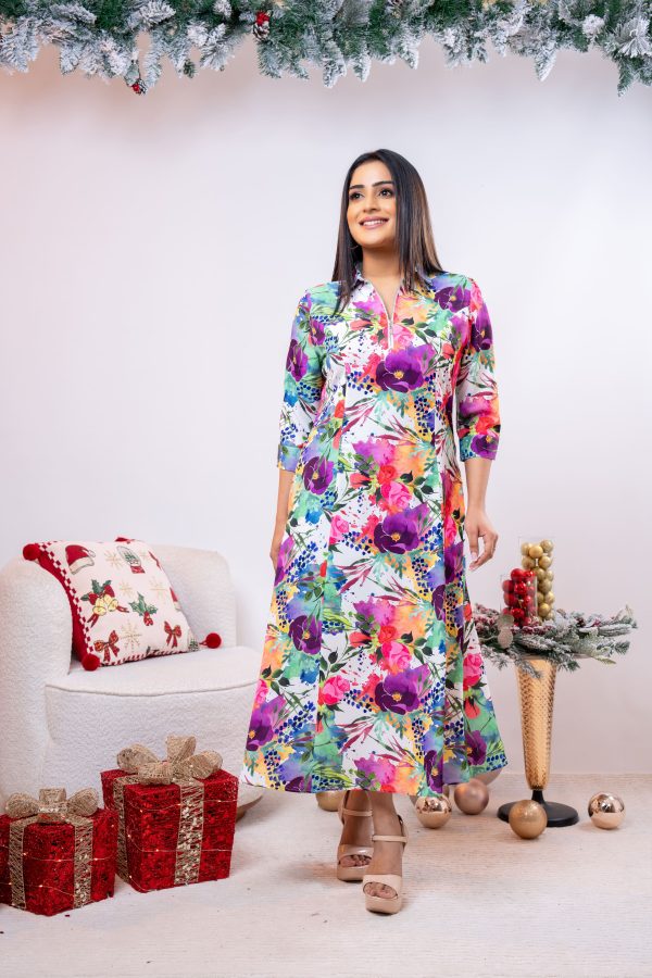 Abstract Floral Patterned Zip-up Maxi Dress - Image 3