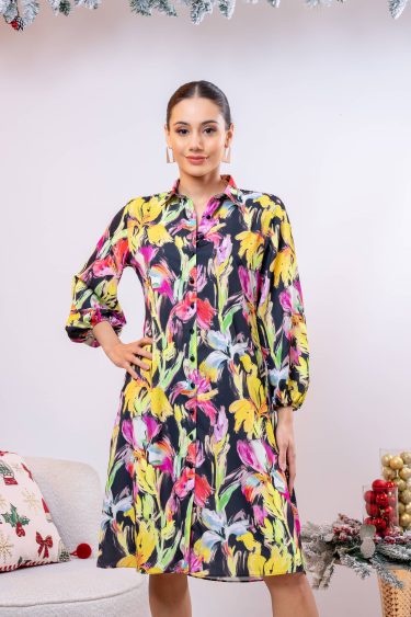 Abstract Patterned Button Up Short Dress