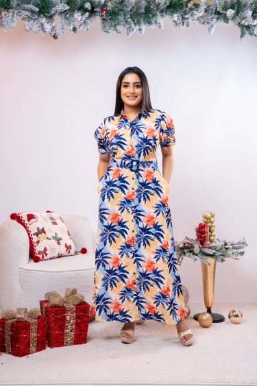Tropical Patterned Belted Maxi Dress