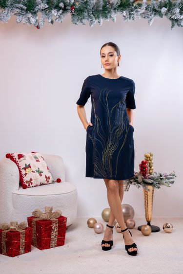 Lurex Embroidered Round Necked Short Dress