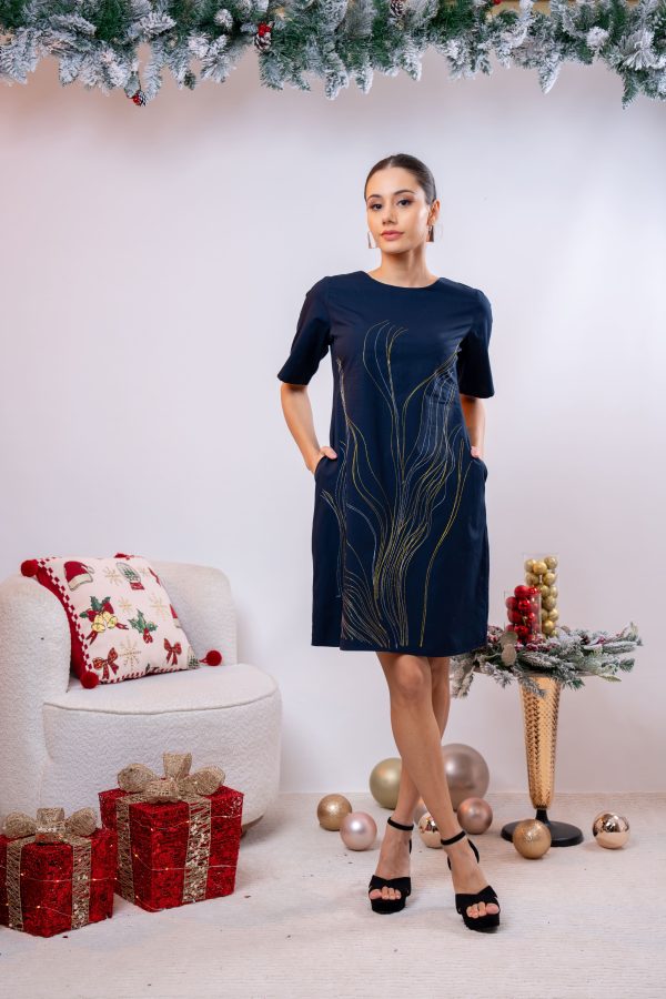 Lurex Embroidered Round Necked Short Dress