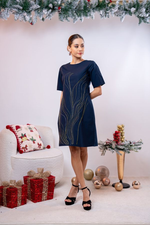 Lurex Embroidered Round Necked Short Dress - Image 3