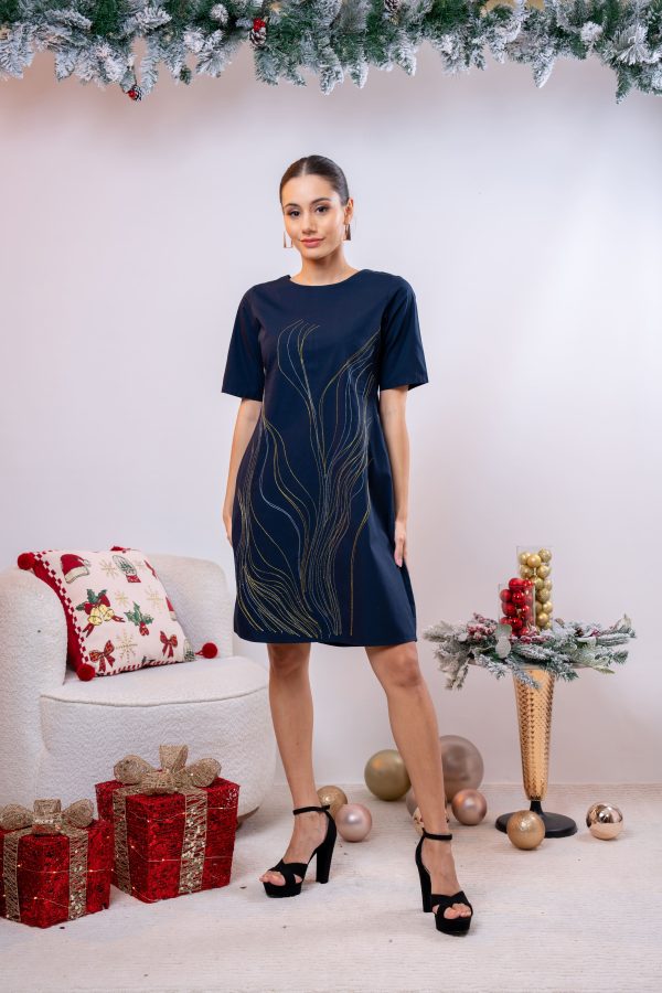Lurex Embroidered Round Necked Short Dress - Image 4